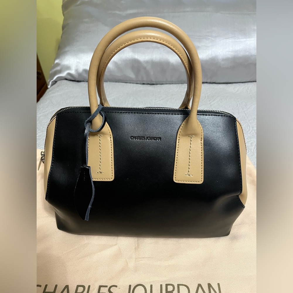 CHARLES JOURDAN PARIS NWT Black and Tan Leather Dome Satchel never carried - Picture 9 of 16